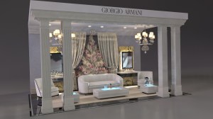 display with white lounge and chairs and christmas tree